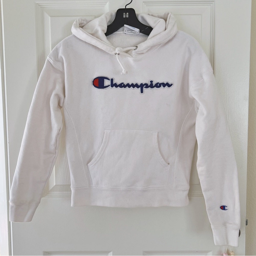 Champion Women’s Chenille Embroidered Script Logo Hoodie Sweatshirt White XS
